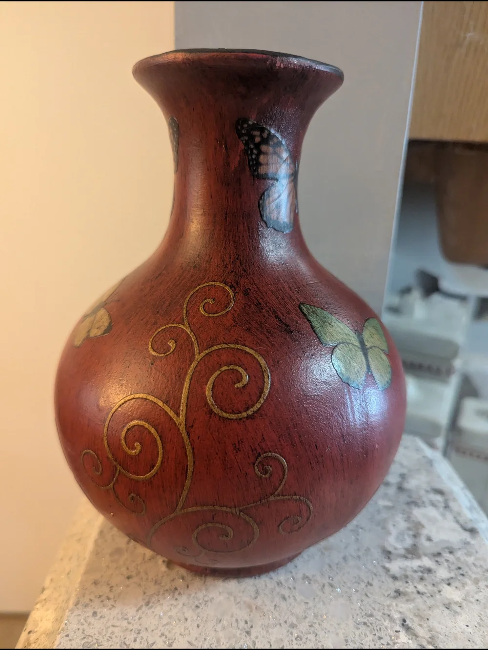Vintage 90's Fat Belly Ceramic Vase Hand Painted Decoupage Butterflies BOHO